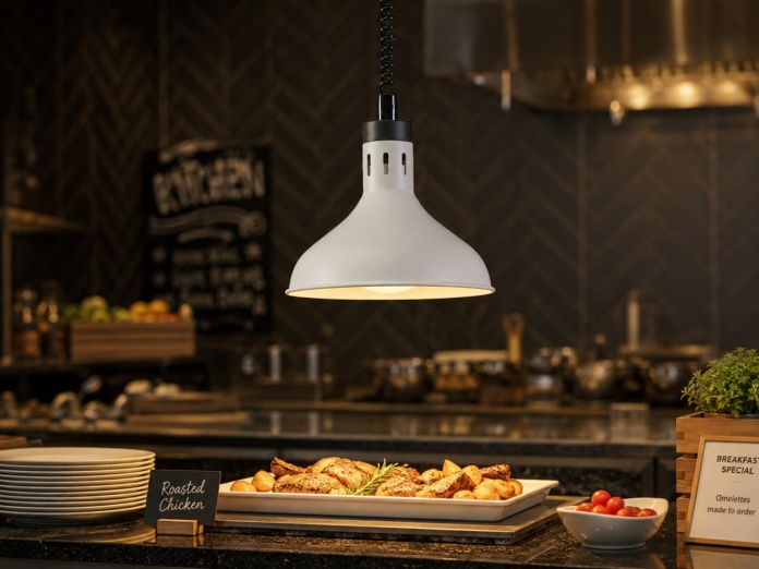 Biała lampa do podgrzewania potraw HENDI 273715 nad bufetem z gorącymi daniami